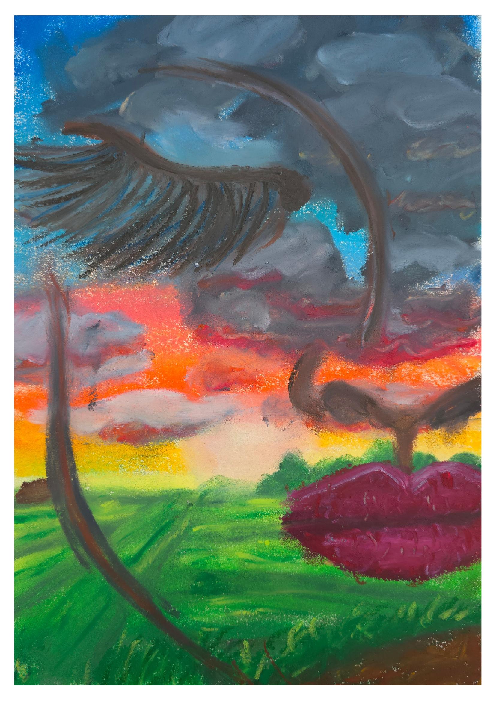 Combining worlds, olie­pastel, landschap waarin een groot gesloten oog met wimpers en volle framboosroze lippen opgaan in een onweerslucht boven een fel groen veld