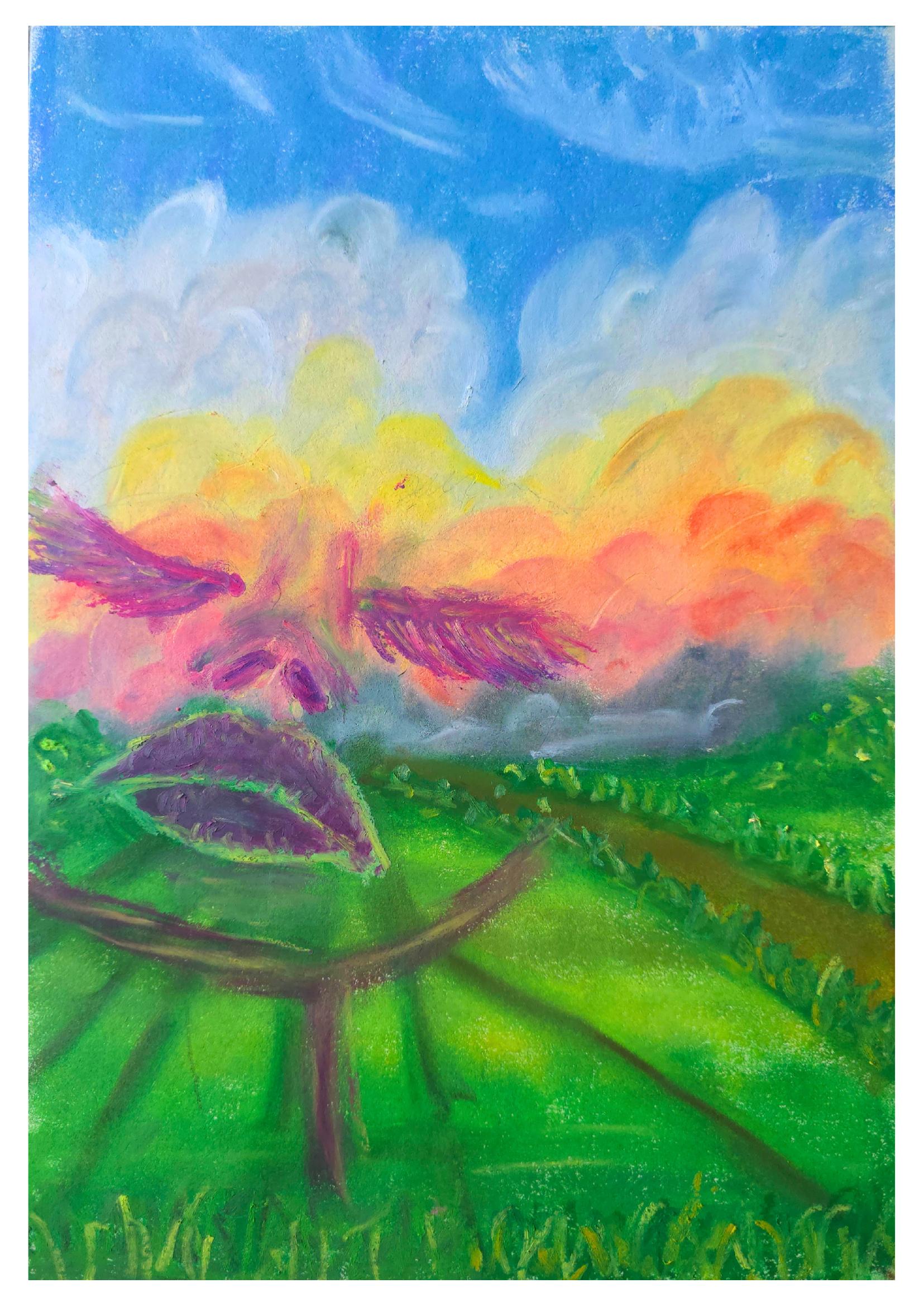 Head in the clouds, olie­pastel, groen heuvellandschap met een magenta gevleugelde figuur die opgaat in gele en oranje wolken