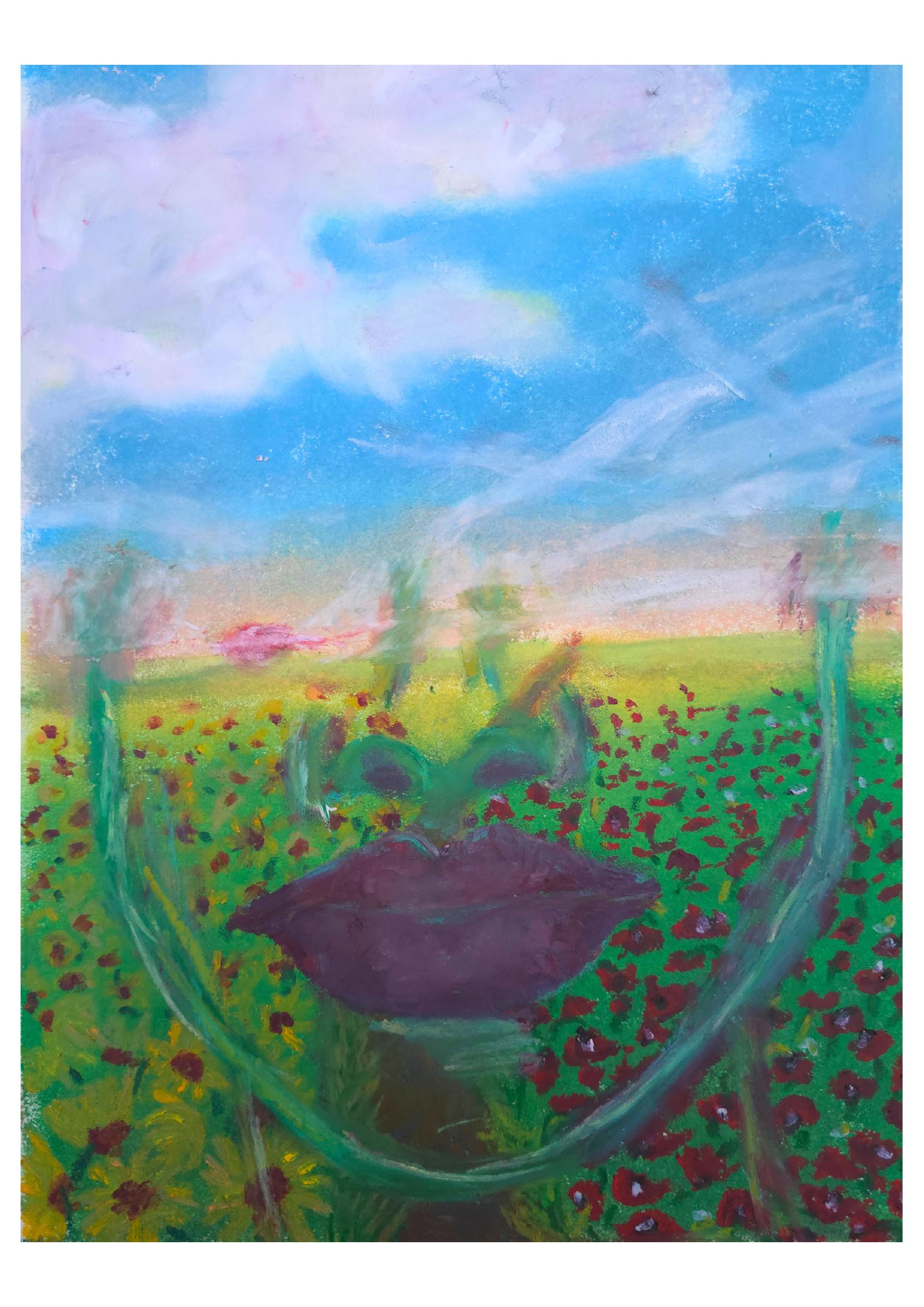 Success is no competition, olie­pastel, veld vol rode klaprozen en gele zonnebloemen onder een blauwe lucht, met een transparant gezicht — ogen en lippen — over het landschap heen