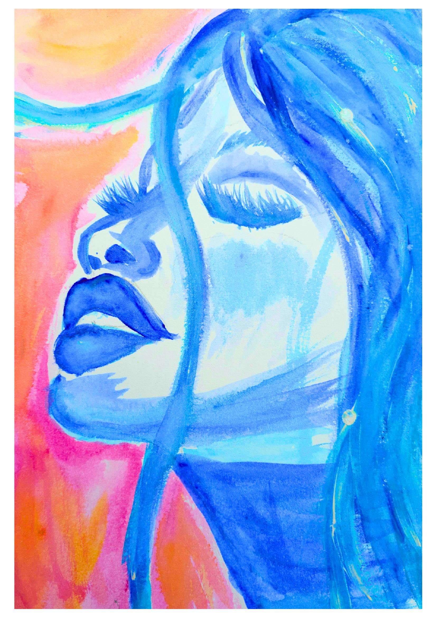 Feel the joy, aquarel, portret van een vrouw in kobaltblauw met gesloten ogen, tegen een achtergrond van koraalroze en oranje