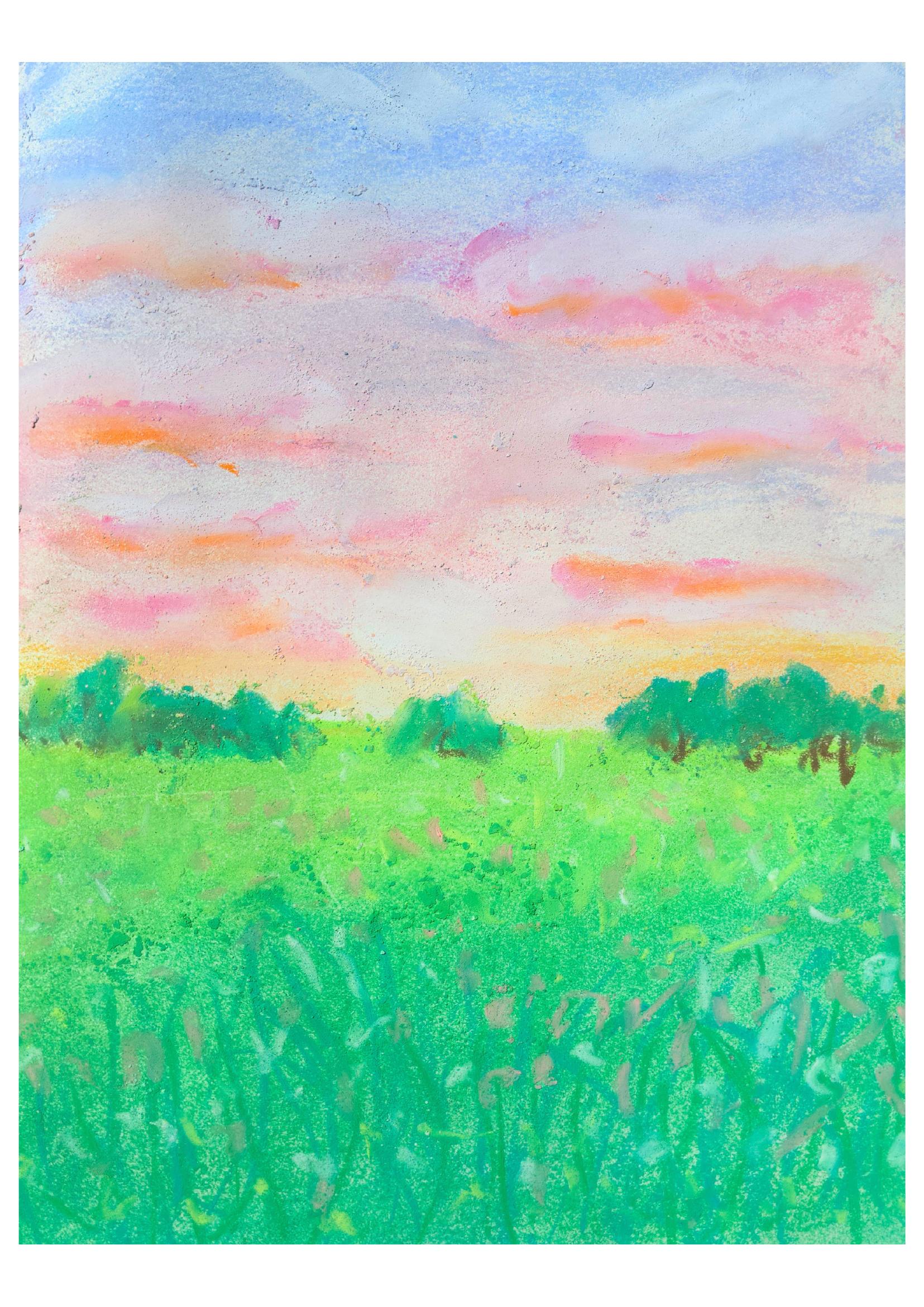 Internal chaos looks still, olie­pastel, stil groen weiland met een bomenrij onder een zachte roze en blauwe avondlucht